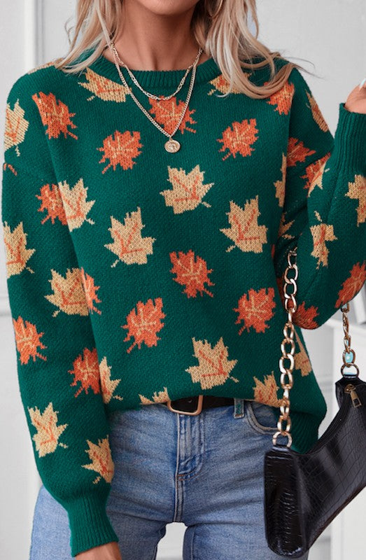 Women's Fall Leaves Green Sweater