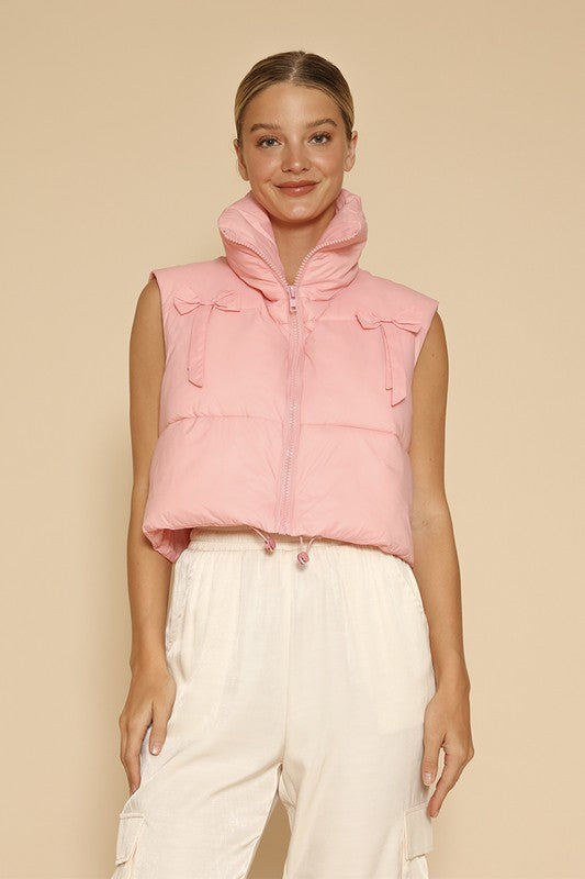 Women's Pink Bow Cropped Puffer Vest