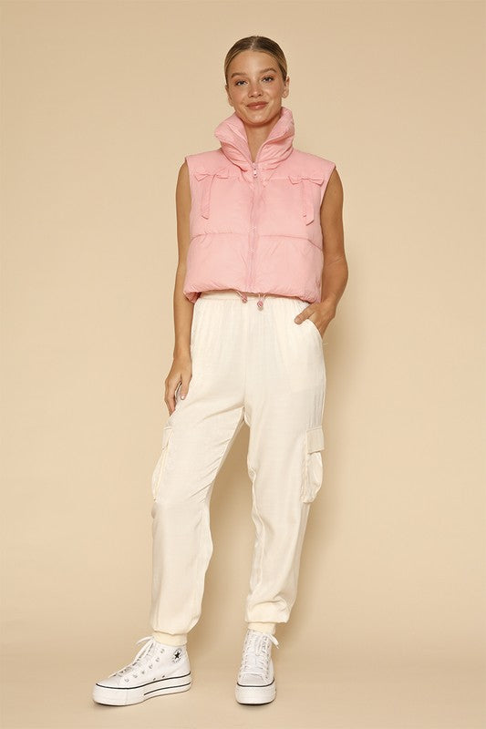 Women's Pink Bow Cropped Puffer Vest