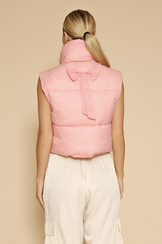 Women's Pink Bow Cropped Puffer Vest