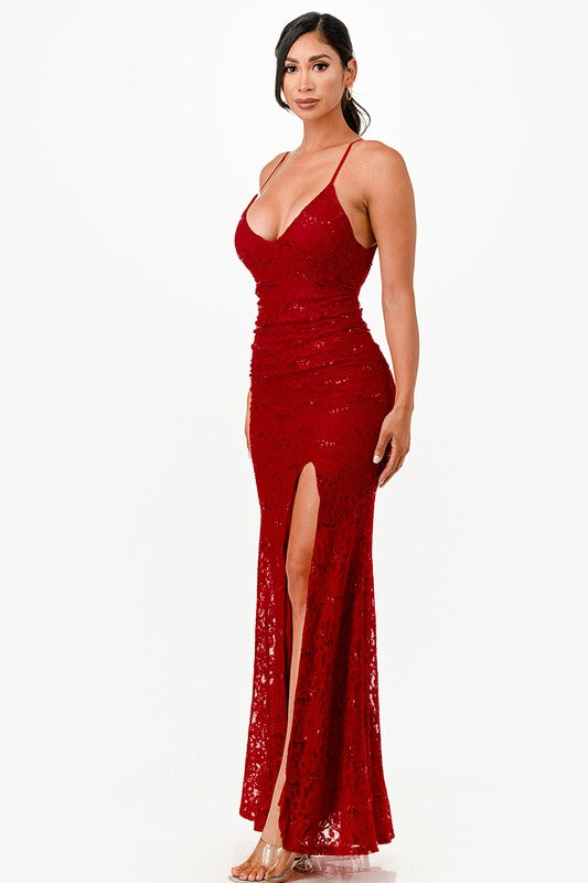 Women's Lace and Sequins Open Back Mermaid Dress