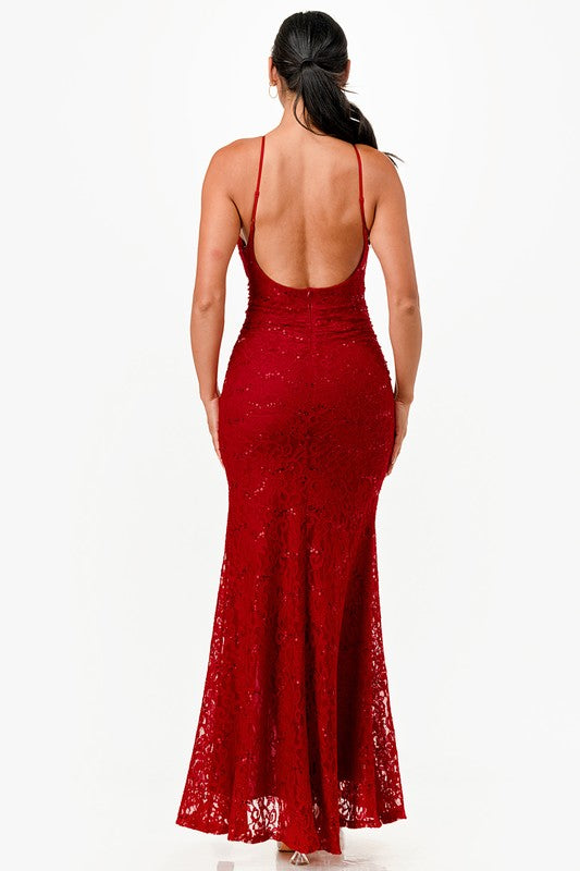 Women's Lace and Sequins Open Back Mermaid Dress