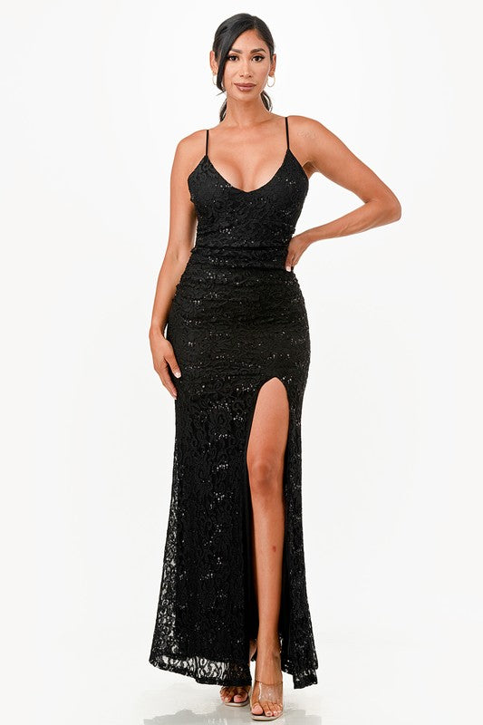 Women's Lace and Sequins Open Back Mermaid Dress