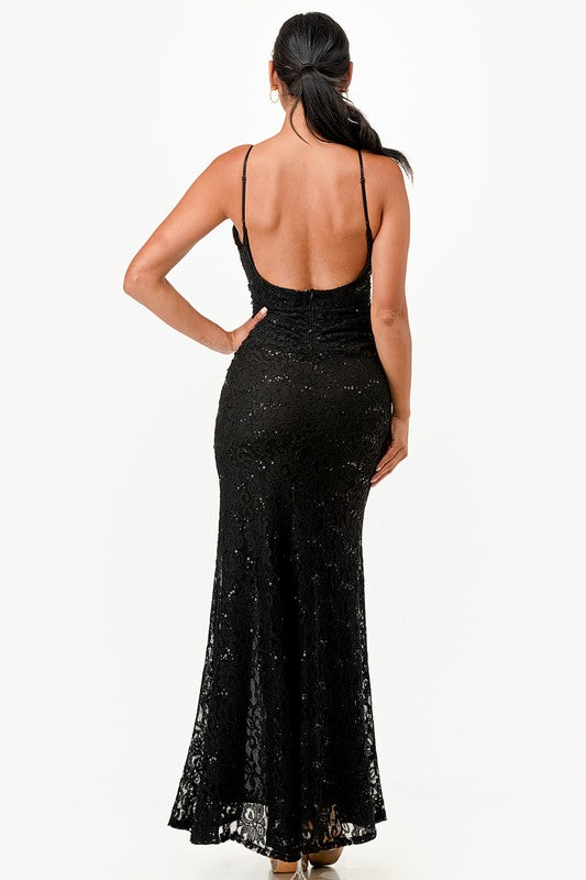 Women's Lace and Sequins Open Back Mermaid Dress