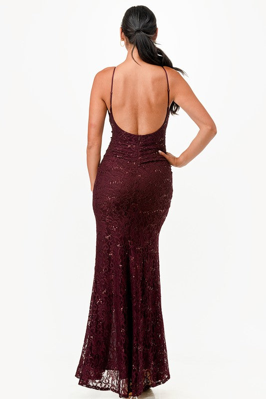 Women's Lace and Sequins Open Back Mermaid Dress