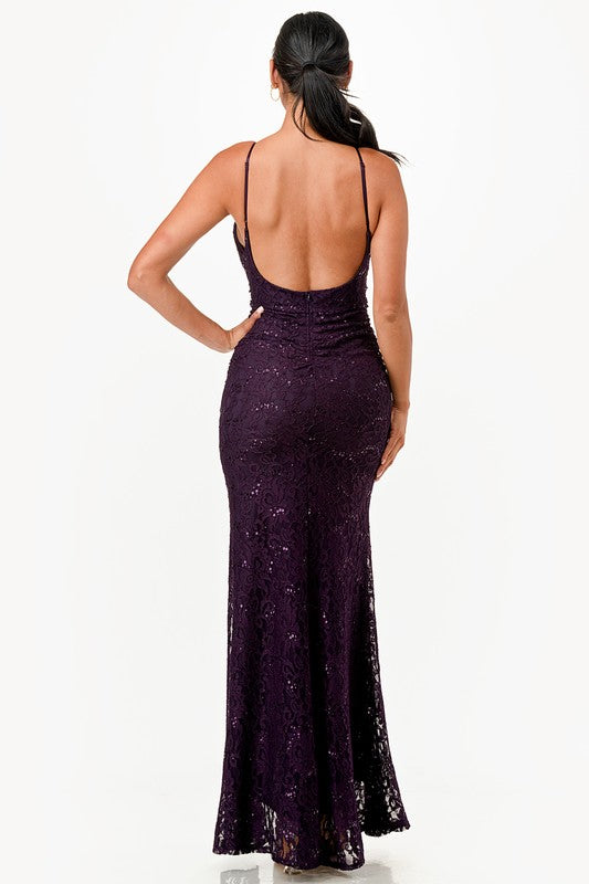 Women's Lace and Sequins Open Back Mermaid Dress