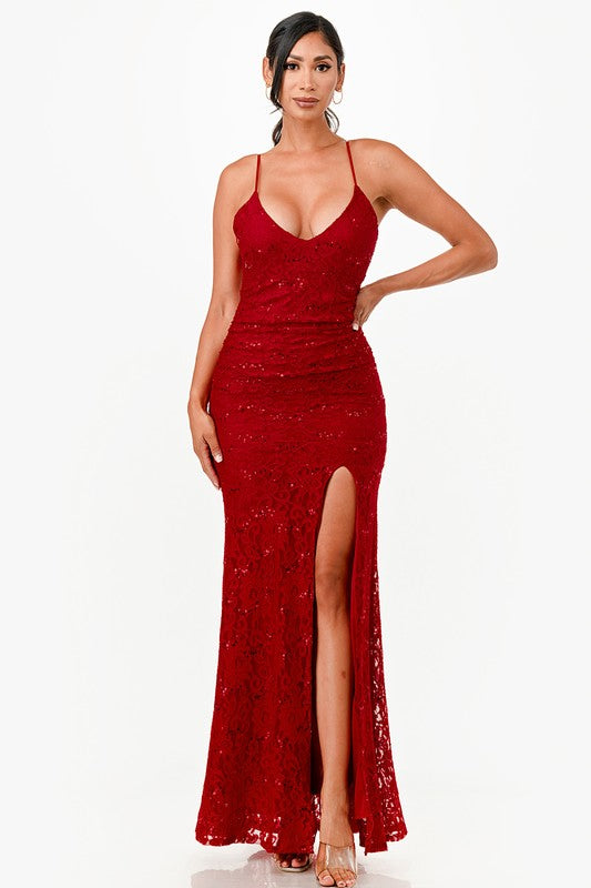 Women's Lace and Sequins Open Back Mermaid Dress