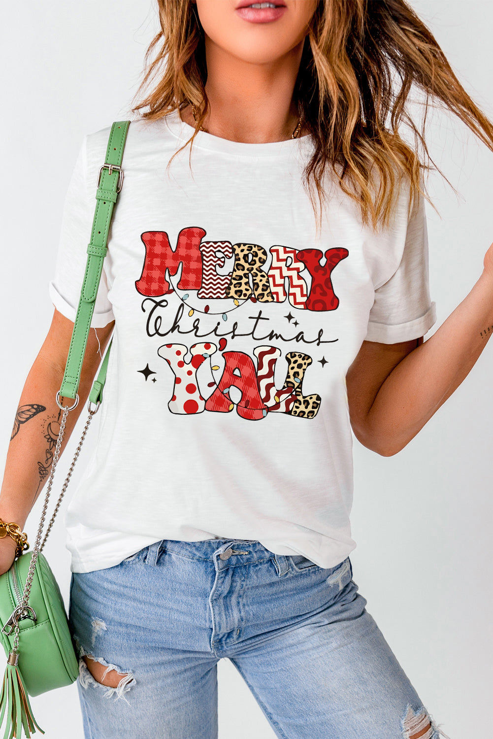 White MERRY Christmas Y'all Graphic Crewneck T Shirt