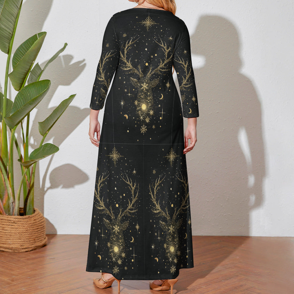 Women's Sparkle Reindeer Plus Size Crew Neck Long Sleeve Maxi Dress