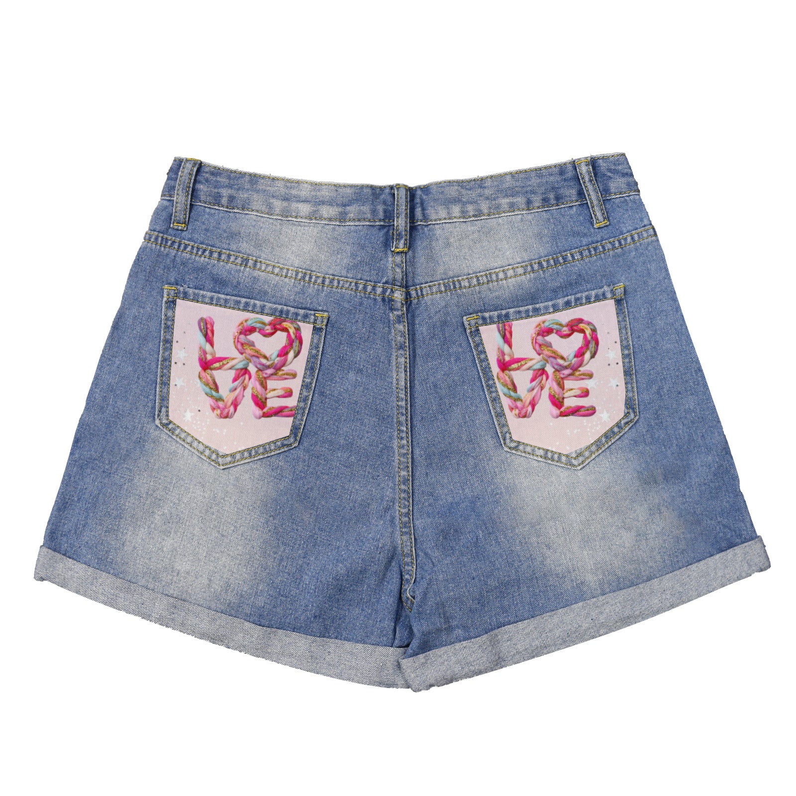 Latch Hook Yarn Love Light-Wash Blue Denim Shorts (Dual Pockets Print)