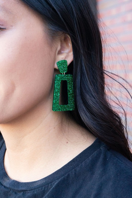 Dark Green Glitter Glam Dangle Earrings