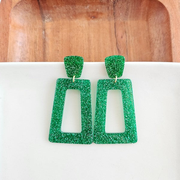 Dark Green Glitter Glam Dangle Earrings