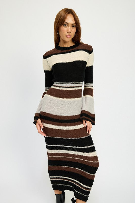 Women's Brown Horizontal Stripes Bodycon Maxi Dress