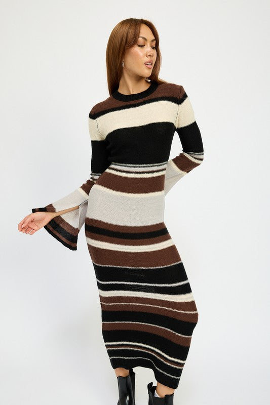 Women's Brown Horizontal Stripes Bodycon Maxi Dress