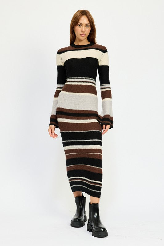 Women's Brown Horizontal Stripes Bodycon Maxi Dress