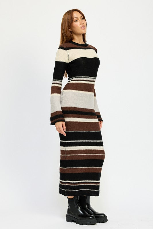 Women's Brown Horizontal Stripes Bodycon Maxi Dress