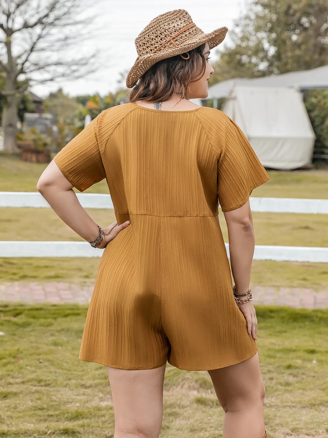 Mustard Plus Size V-Neck Short Sleeve Romper