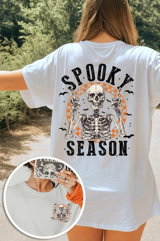 Women's Spooky Season Skeleton Front & Back Graphic T-shirt