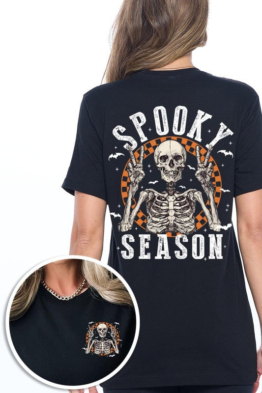 Women's Spooky Season Skeleton Front & Back Graphic T-shirt