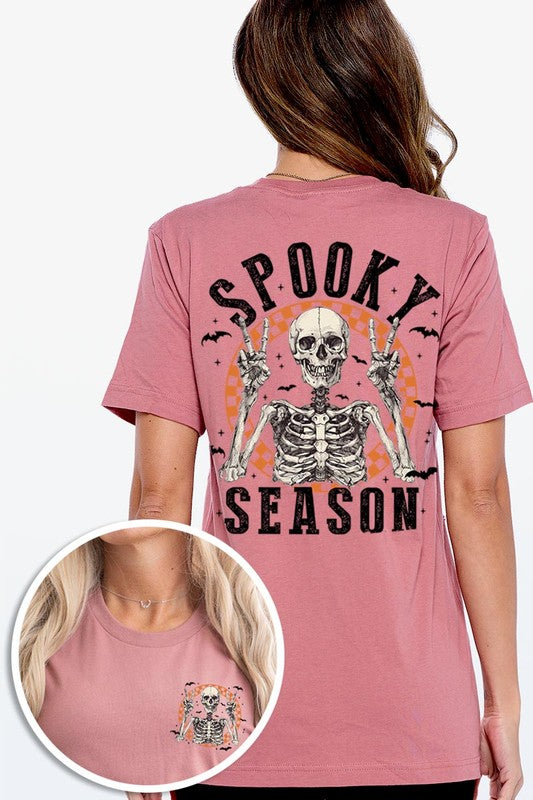 Women's Spooky Season Skeleton Front & Back Graphic T-shirt