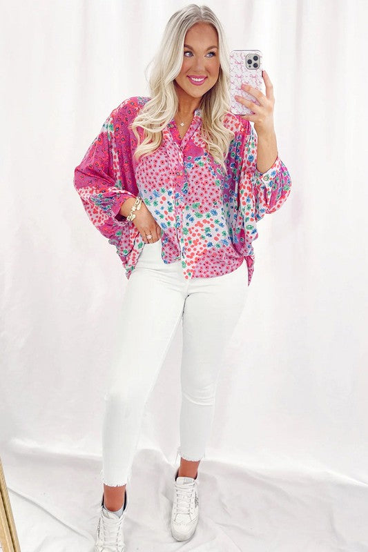 Women's Pretty Pink Print V-neck Oversized Shirt