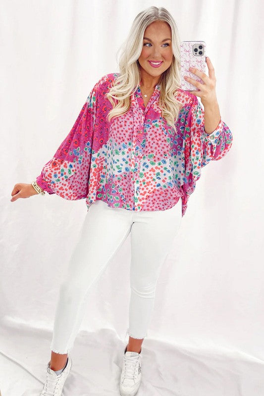 Women's Pretty Pink Print V-neck Oversized Shirt