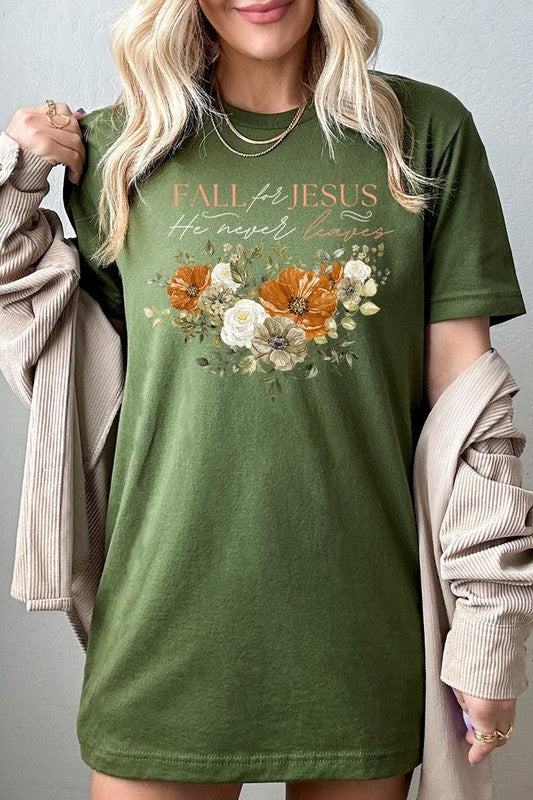 Women's Fall For Jesus He Never Leaves Graphic T-shirt