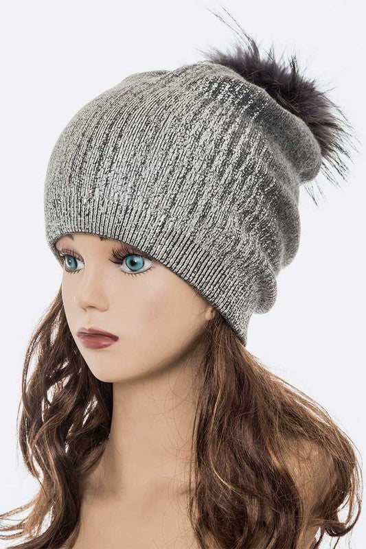 Metallic Cashmere Fur Pom Pom Beanie