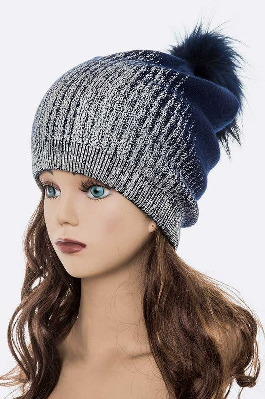 Metallic Cashmere Fur Pom Pom Beanie