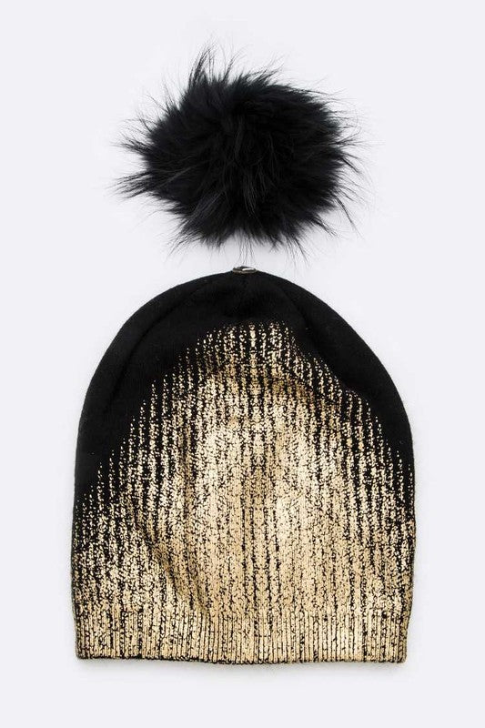 Metallic Cashmere Fur Pom Pom Beanie