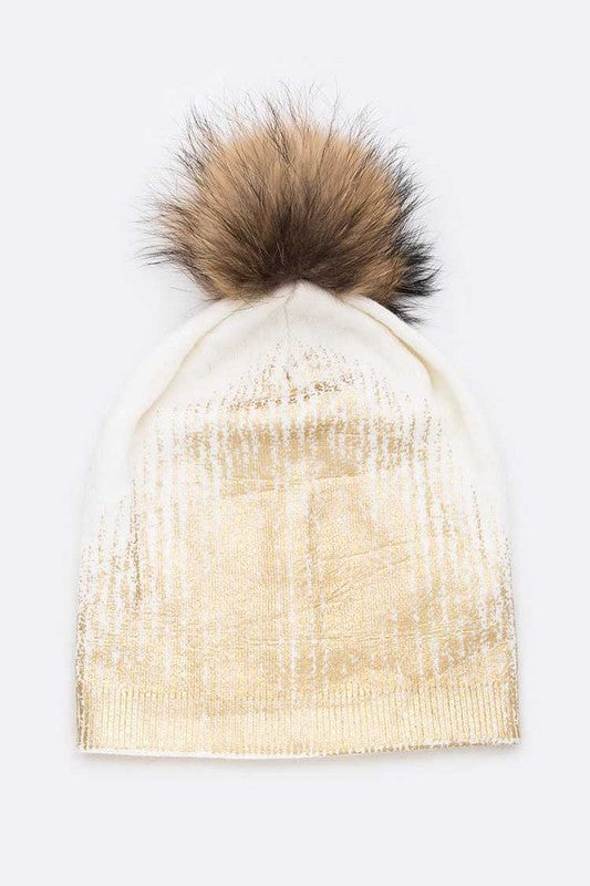 Metallic Cashmere Fur Pom Pom Beanie