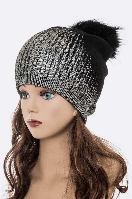 Metallic Cashmere Fur Pom Pom Beanie