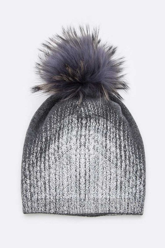 Metallic Cashmere Fur Pom Pom Beanie