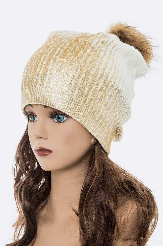 Metallic Cashmere Fur Pom Pom Beanie