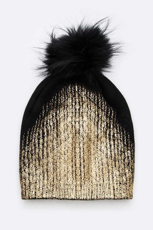 Metallic Cashmere Fur Pom Pom Beanie