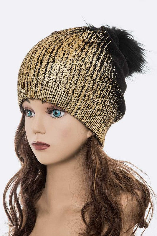 Metallic Cashmere Fur Pom Pom Beanie