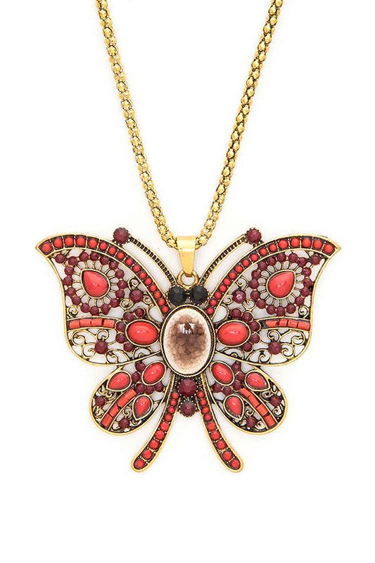 Crystal Red Butterfly Pendant Necklace