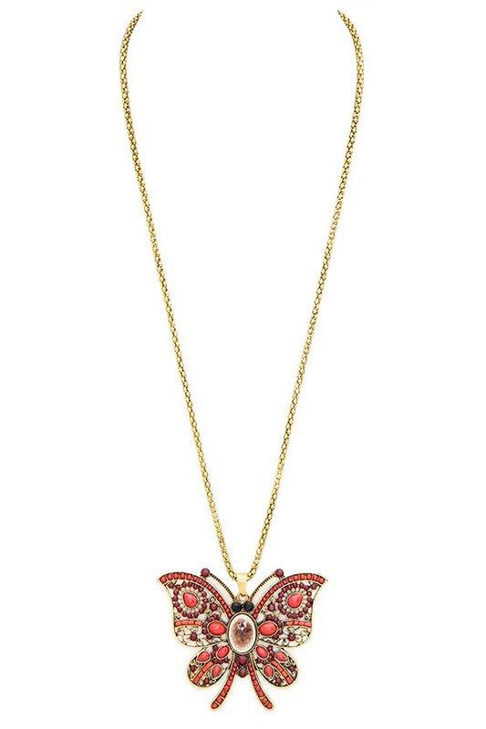 Crystal Red Butterfly Pendant Necklace