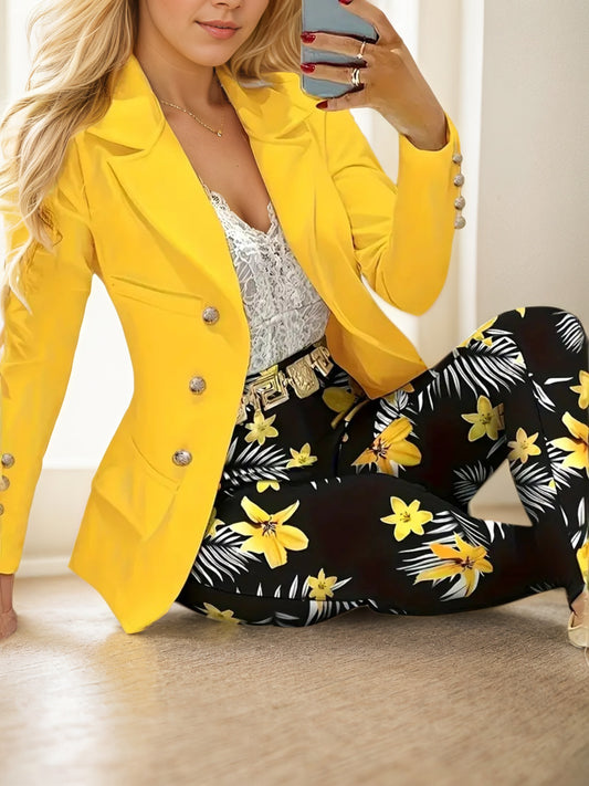 Women's Fashionable 2-piece Solid Color Jacket And Printed Pants Suit