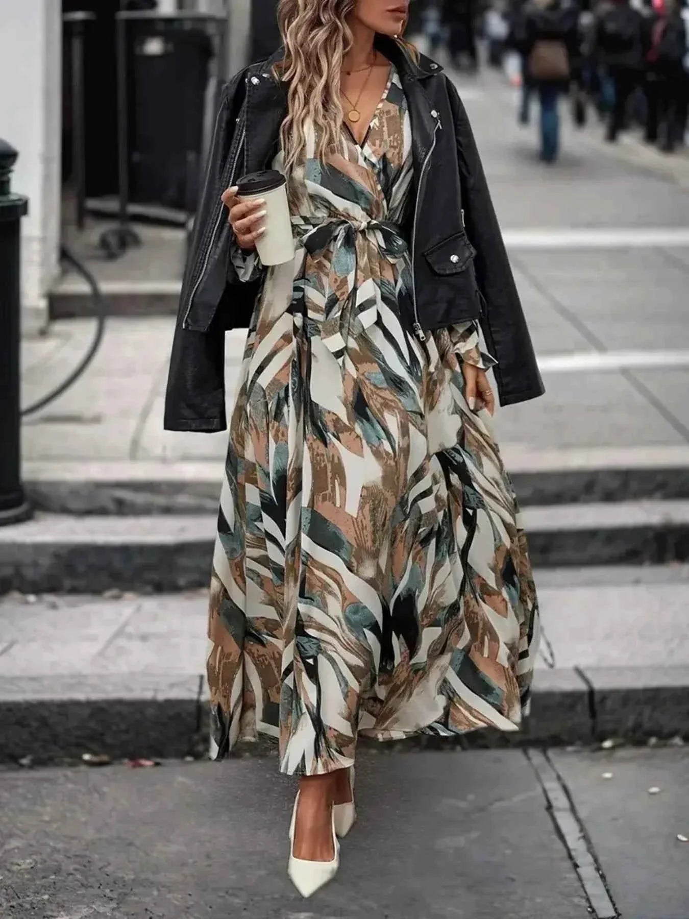 Printed Surplice Belted Flounce Long Sleeve Maxi Dress