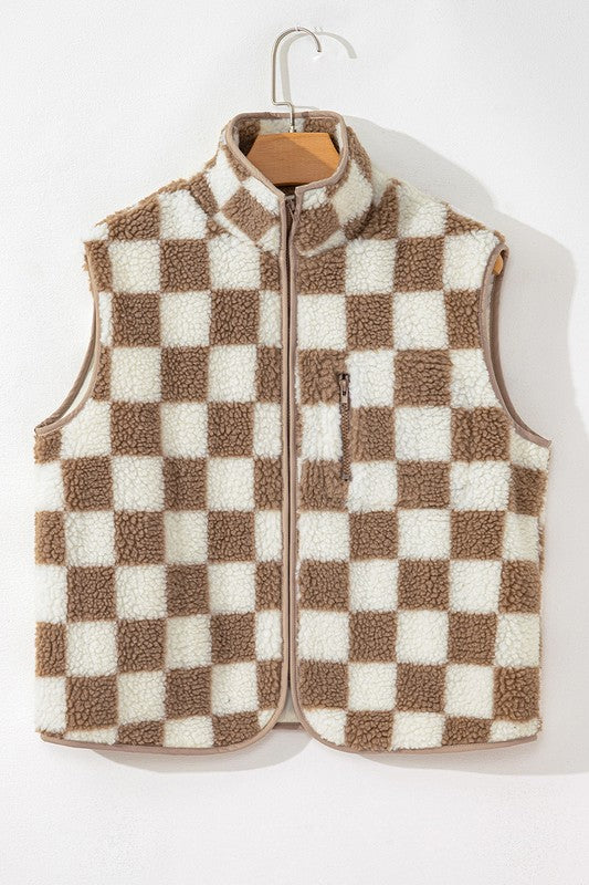 Women's Khaki Checkered Sherpa Collared Jacket Vest