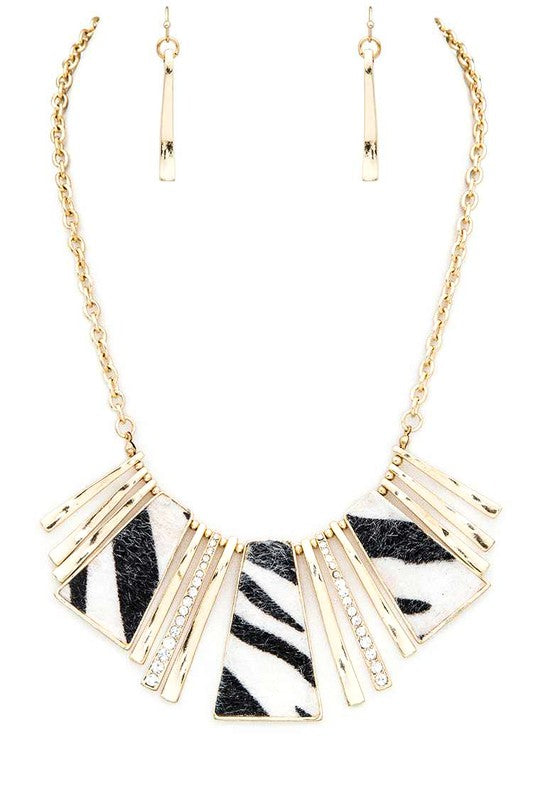 Zebra Print Faux Leather Statement Necklace Set