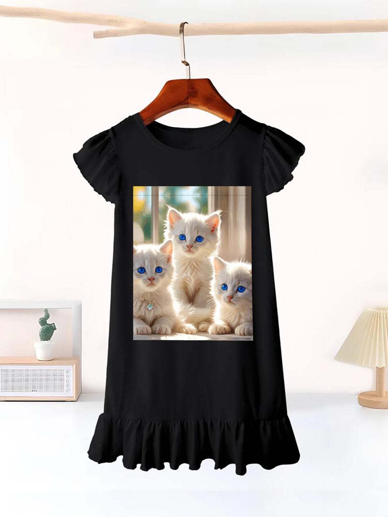 Fluffy White Kittens with Blue Eyes Flutter Sleeve Dress for Girls (Front Printing)