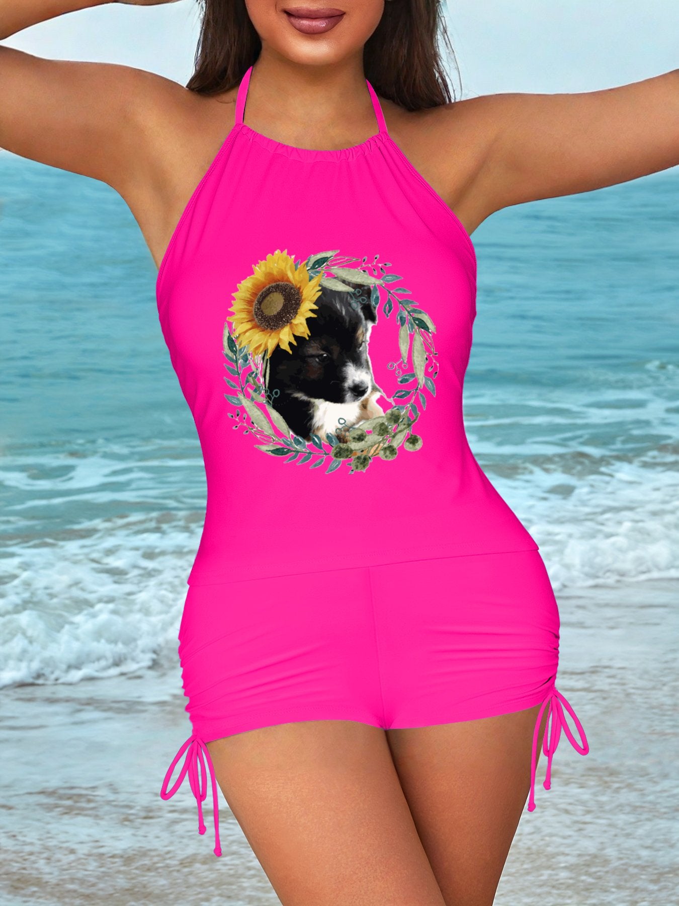 Cute Black Puppy Tankini Swimsuits with Shorts for Women (Front Printing)
