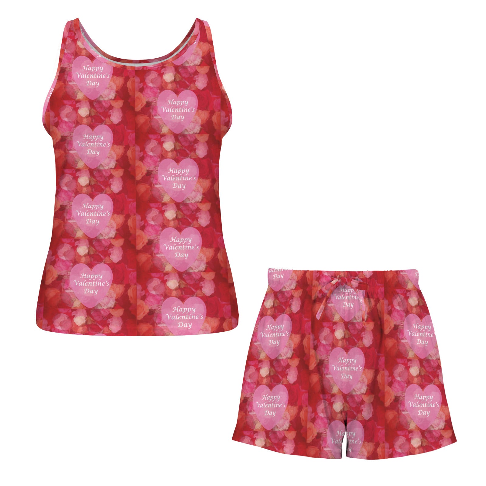 Valentine's Day-themed tank top and shorts set with heart patterns on a white background