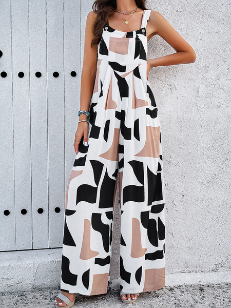 Women's Geometric Print Slant Pocket Sleeveless Wide Leg Jumpsuit