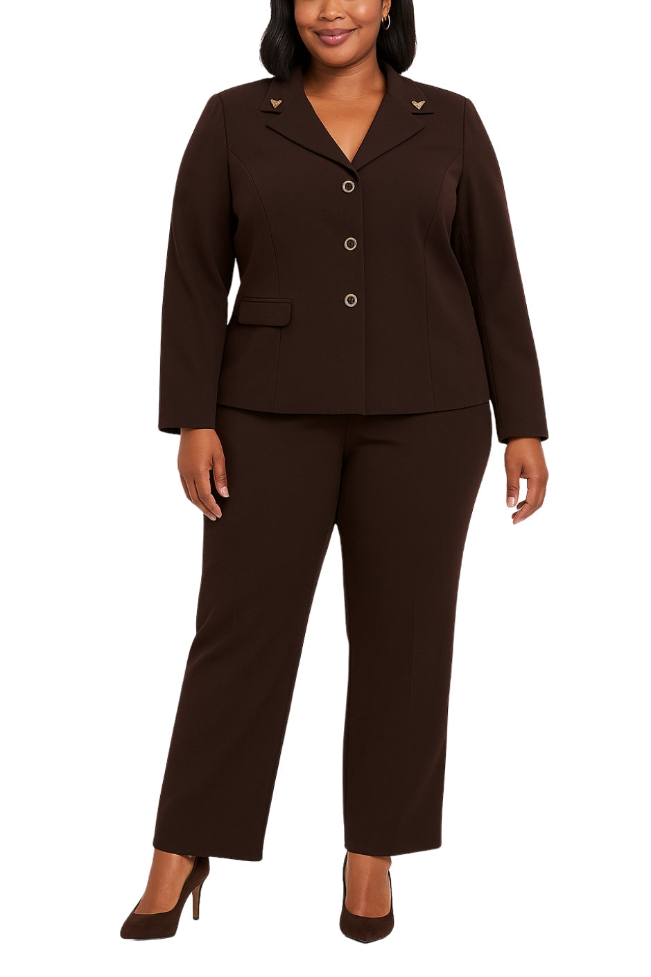 Danillo Pansuit Notched Lapel Collar Long Sleeves Flap Pocket Top with Mid-Rise Waist Straight-Leg Pants (Plus Size)