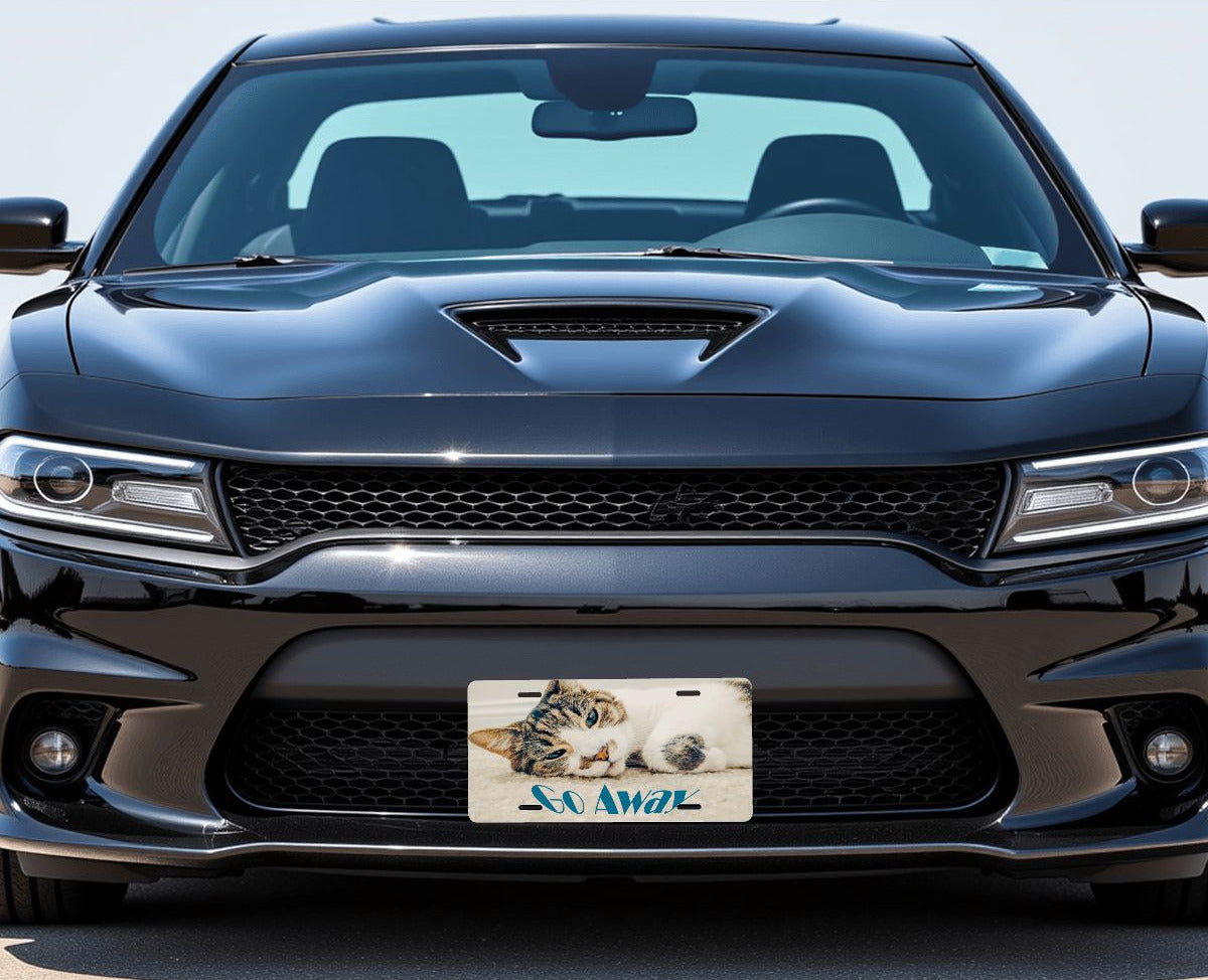 Sleepy Cat says Go Away Aluminum License Plate (Made in USA)