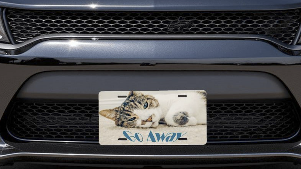 Sleepy Cat says Go Away Aluminum License Plate (Made in USA)