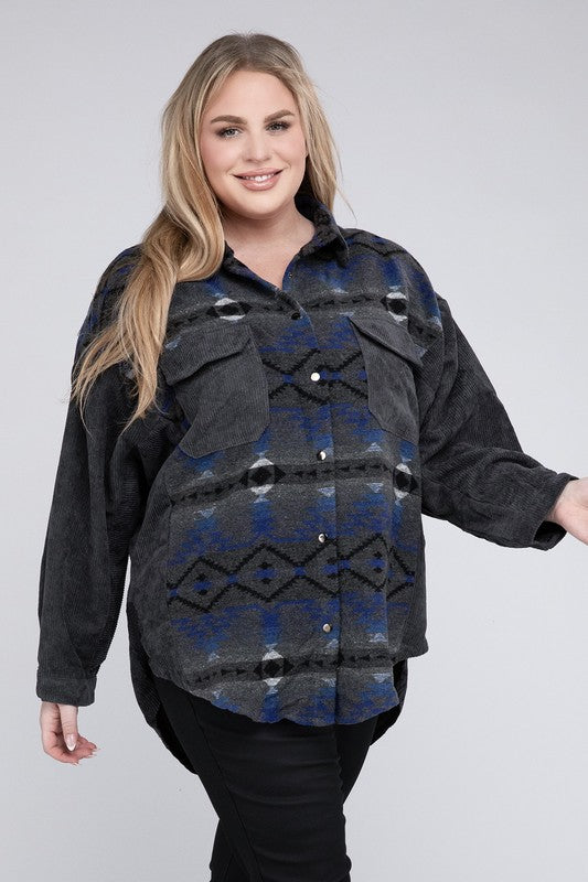 Women's Plus Size Printed Button Down Long Sleeve Jacket